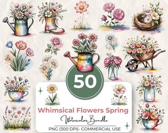 50 Clipart di fiori primaverili stravaganti, pacchetto di giardini acquerellati, elementi floreali PNG, stivali, annaffiatoi, barattoli, carriola, uso commerciale