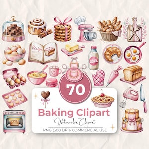 May include: Watercolor clipart set featuring baking-themed illustrations. Includes a pink stand mixer, a recipe book, a pie, a loaf of bread, eggs, and other baking-related items. The image has the text "Baking Clipart" and "Watercolor Clipart".