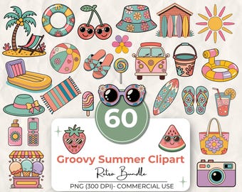 Pacchetto di 60 fantastiche clipart estive, immagini PNG di spiagge retrò, icone estive carine, materassini gonfiabili, tavole da surf, grafiche di gelati, uso commerciale