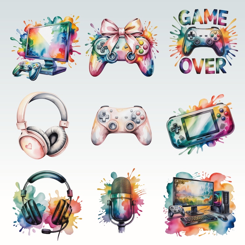 50 Gamer Watercolor Clipart Bundle, Gaming PNG Set With Paint Splashes ...