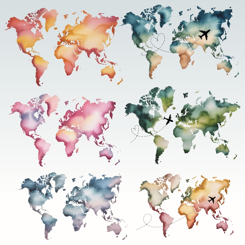 May include: Watercolor world map prints in various color palettes, including warm oranges, blues, and pinks. Some maps feature airplane illustrations with dotted flight paths, suggesting travel and exploration themes.