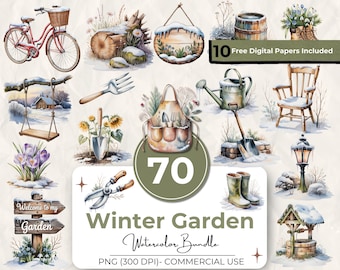 Pacchetto di 70 clipart ad acquerello per giardini invernali, attrezzi da giardino innevati, bicicletta, stivali, sedia, carte senza cuciture, PNG rustici e accoglienti, uso commerciale