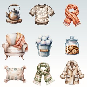 May include: Watercolor illustration of winter items. Includes a teapot on a wooden base, a beige sweater with a white pattern, an orange scarf with white dots, a cozy armchair with a blanket, a bucket of snowballs, a jar of cookies, a pillow with pom-poms, a green plaid scarf, and a beige coat.