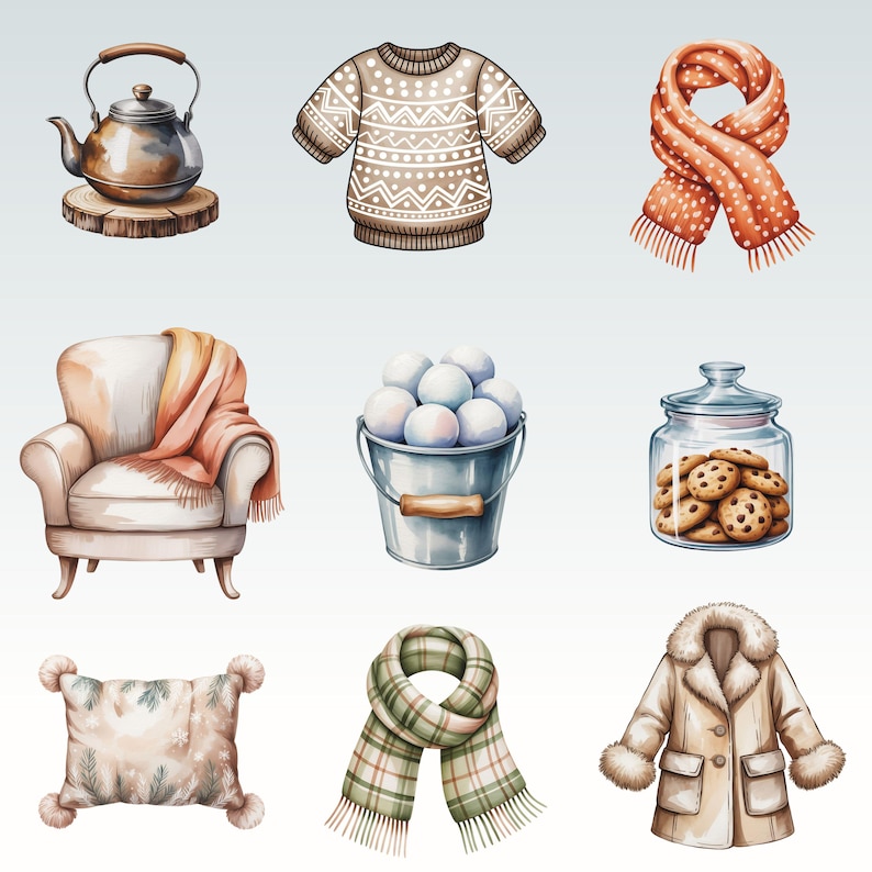 May include: Watercolor illustration of winter items. Includes a teapot on a wooden base, a beige sweater with a white pattern, an orange scarf with white dots, a cozy armchair with a blanket, a bucket of snowballs, a jar of cookies, a pillow with pom-poms, a green plaid scarf, and a beige coat.