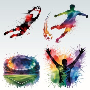May include: Watercolor-style illustrations of soccer players in action. The images depict a goalkeeper catching a ball, a player kicking a ball, a stadium, and a player celebrating with arms raised. The artwork uses vibrant colors.