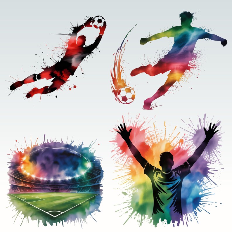 May include: Watercolor-style illustrations of soccer players in action. The images depict a goalkeeper catching a ball, a player kicking a ball, a stadium, and a player celebrating with arms raised. The artwork uses vibrant colors.