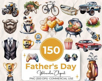 Pacchetto di 150 clipart ad acquerello per la festa del papà, clipart PNG per la festa del papà, clipart per papà, download digitale per la festa del papà, uso commerciale