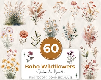 Pacchetto di 60 clipart di fiori selvatici in stile boho, PNG floreali di prati neutri, fiori secchi, eucalipto, 300 DPI, uso commerciale