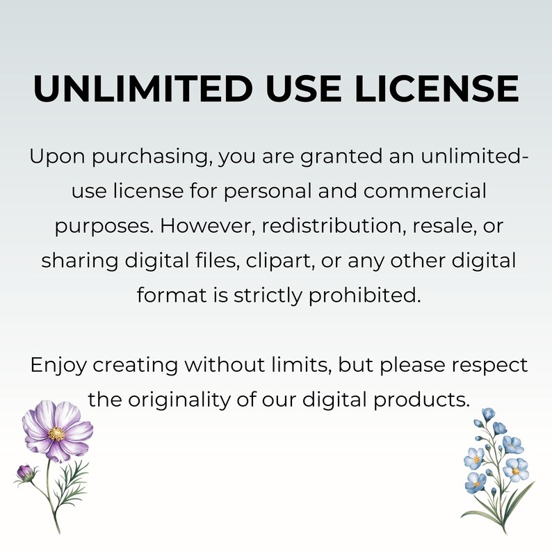 May include: White background with the text "UNLIMITED USE LICENSE". The text explains the terms of use for digital products, including personal and commercial use, with restrictions on redistribution and resale. Floral illustrations are at the bottom.