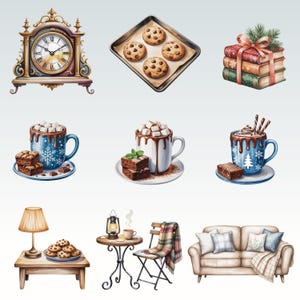May include: Watercolor illustration of cozy winter scenes. Includes a vintage clock, chocolate chip cookies, stacked books with a ribbon, mugs of hot chocolate with marshmallows, brownies, a table with a lamp and cookies, a bistro set, and a sofa with pillows.