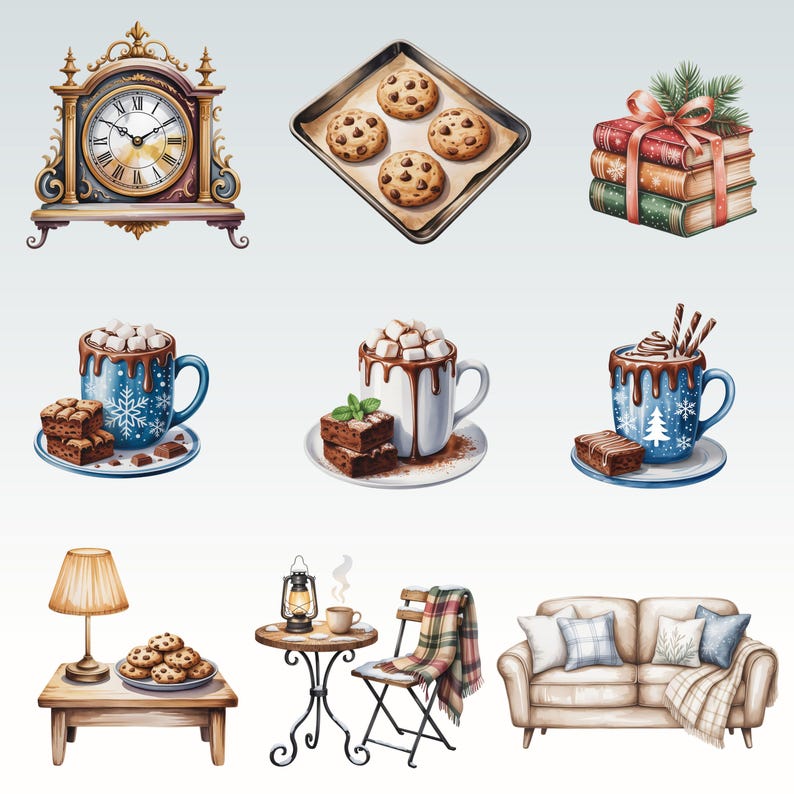 May include: Watercolor illustration of cozy winter scenes. Includes a vintage clock, chocolate chip cookies, stacked books with a ribbon, mugs of hot chocolate with marshmallows, brownies, a table with a lamp and cookies, a bistro set, and a sofa with pillows.
