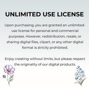 May include: White background with the text "UNLIMITED USE LICENSE". The text explains the terms of use for digital products, including personal and commercial use, with restrictions on redistribution and resale. Floral illustrations are at the bottom.