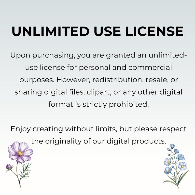 May include: White background with the text "UNLIMITED USE LICENSE". The text explains the terms of use for digital products, including personal and commercial use, with restrictions on redistribution and resale. Floral illustrations are at the bottom.