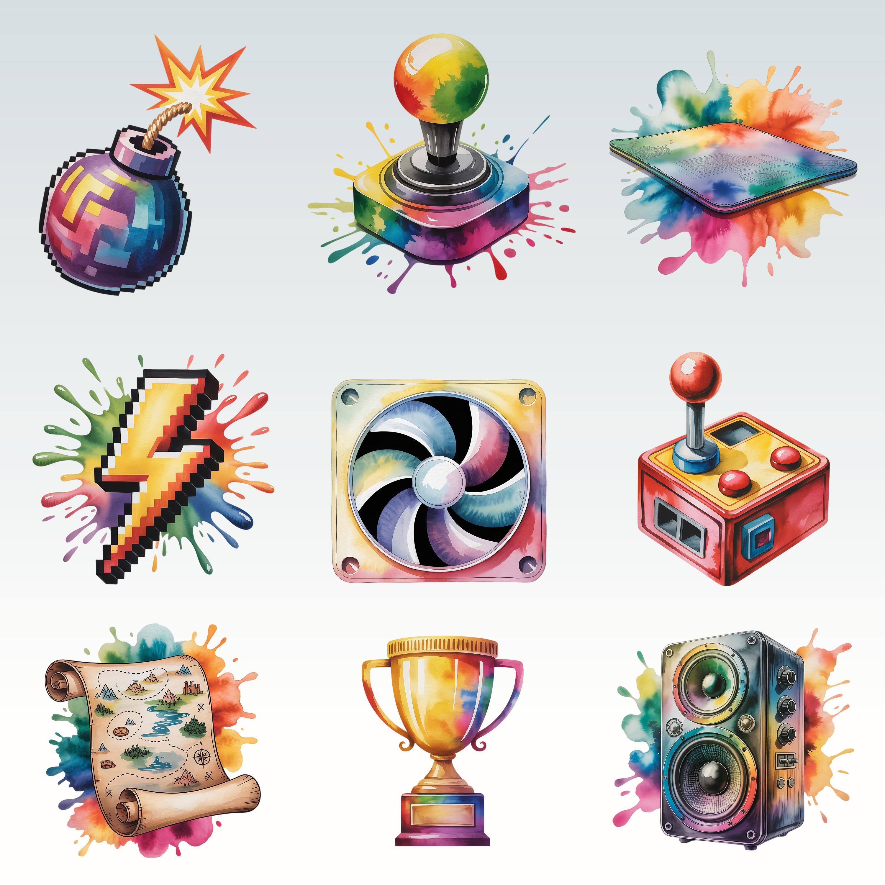 50 Gamer Watercolor Clipart Bundle, Gaming PNG Set With Paint Splashes ...