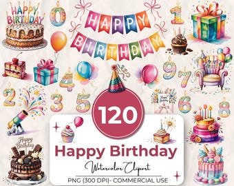 120 Clipart di acquerelli di buon compleanno, Clipart di torta di compleanno, Clipart di palloncini di compleanno, Clipart di candele di compleanno PNG, Uso commerciale
