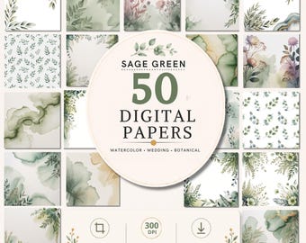 50 carte digitali acquerello verde salvia, pacchetto di sfondi botanici, motivi floreali senza soluzione di continuità, carta per album di nozze, uso commerciale
