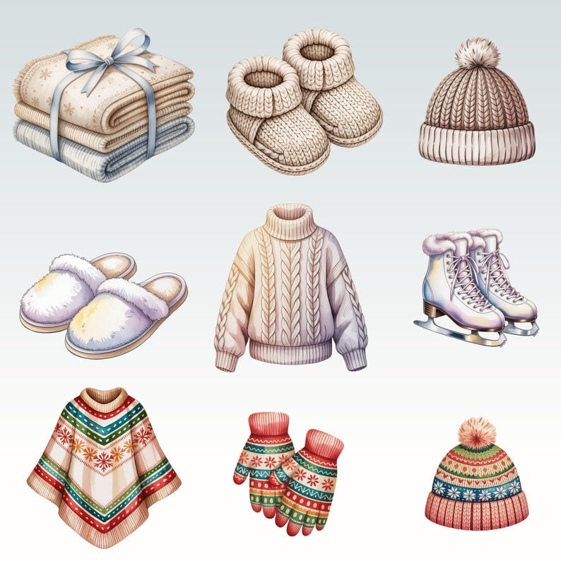 May include: An illustration of winter clothing and accessories. Items include a stack of blankets tied with a blue ribbon, knitted booties, a brown beanie with a pom-pom, a pair of slippers, a cable-knit sweater, ice skates, a poncho, mittens, and a patterned beanie.