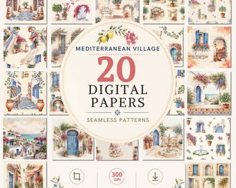 Pacchetto di carte digitali ad acquerello in stile mediterraneo, 20 motivi senza soluzione di continuità raffiguranti ville e villaggi costieri, sfondi di architettura europea.