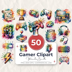 Könnte beinhalten: Eine Aquarellillustration mit 50 Spiele-Clip-Art-Elementen. Die Sammlung umfasst Gamecontroller, ein Computer-Setup, einen Rucksack, Kopfhörer und ein Mikrofon, alle mit farbenfrohen Farbspritzereffekten. Text: "Gamer Clipart Watercolor Bundle".