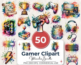 Pacchetto di 50 clipart ad acquerello per giocatori, set di PNG per giochi con schizzi di vernice, controller, console, PC, cuffie, joystick, uso commerciale