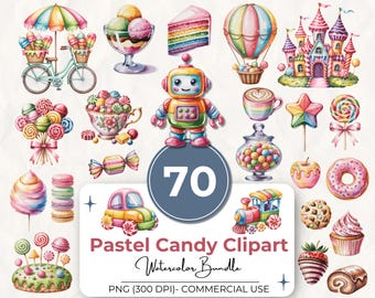 Pacchetto di 70 clipart di caramelle pastello, dolcetti ad acquerello in formato PNG, dessert carini, grafica a tema caramelle, gelato, torta, lecca-lecca, uso commerciale
