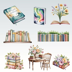 Puede incluir: Ilustraciones en acuarela de libros y arreglos florales. Un libro tiene el t&iacute;tulo "Beyond the Horizon" en la portada. Otros libros presentan cubiertas coloridas, y algunos est&aacute;n apilados con flores. Tambi&eacute;n se muestra una mesa y una silla.