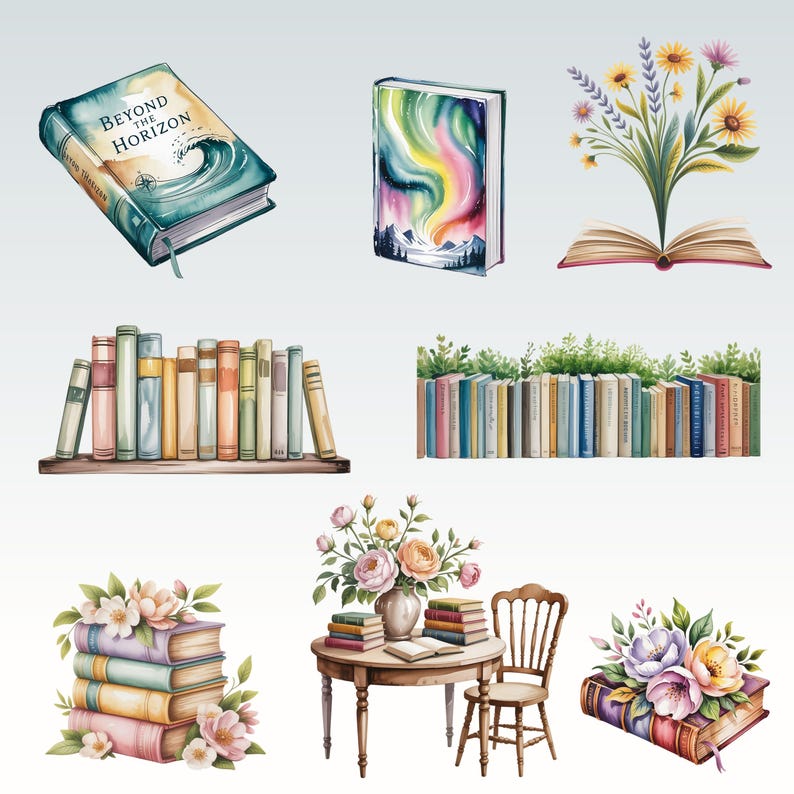 Puede incluir: Ilustraciones en acuarela de libros y arreglos florales. Un libro tiene el t&iacute;tulo "Beyond the Horizon" en la portada. Otros libros presentan cubiertas coloridas, y algunos est&aacute;n apilados con flores. Tambi&eacute;n se muestra una mesa y una silla.