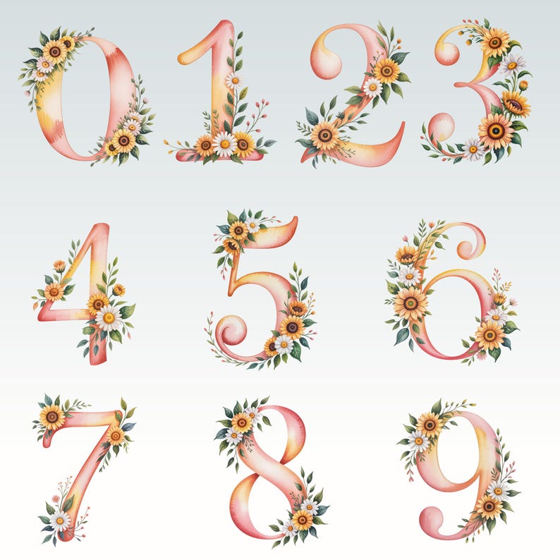 May include: Watercolor illustrations of the numbers 0 through 9. Each number is a gradient of pink and yellow, adorned with sunflowers, daisies, and green leaves. The floral arrangements add a decorative touch to the numerals.