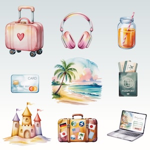 May include: Watercolor illustration of travel-themed items. A pink suitcase with a heart, headphones, a drink in a jar, a credit card, a beach scene, a passport with tickets, a sandcastle, a suitcase with stickers, and a laptop.