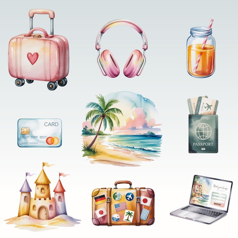May include: Watercolor illustration of travel-themed items. A pink suitcase with a heart, headphones, a drink in a jar, a credit card, a beach scene, a passport with tickets, a sandcastle, a suitcase with stickers, and a laptop.