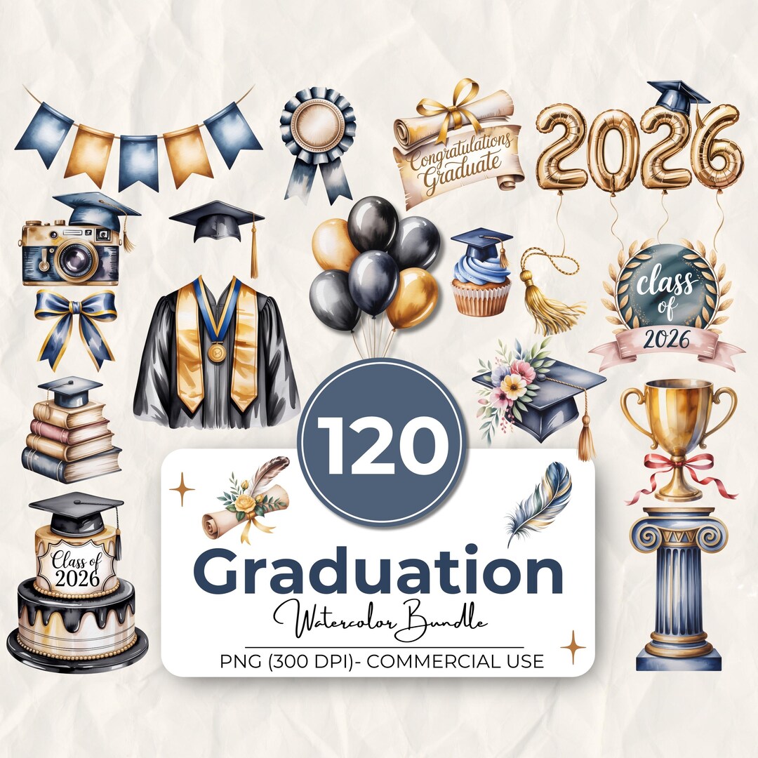 120 Graduation Clipart Bundle, Class of 2026 PNG, Watercolor Graduation ...
