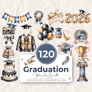 Może przedstawiać: Zestaw akwareli z motywem ukończenia szkoły, zawierający elementy takie jak toga, biret, balony, aparat fotograficzny, trofeum i ciasto. Projekt zawiera tekst "Graduation Watercolor Bundle" i "Class of 2026". Paleta kolorów obejmuje złoto, niebieski i czarny.