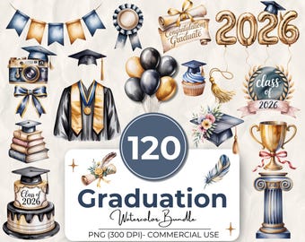Pacchetto di 120 clipart di laurea, classe del 2026 PNG, set di grafica di laurea ad acquerello, decorazioni per feste, cappelli, palloncini, torta, uso commerciale