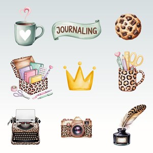 May include: Watercolor illustration of journaling and creative writing supplies. Includes a mug with a heart, a banner with the word "JOURNALING", a cookie, a box of notebooks, a gold crown, a leopard print pen holder, a typewriter, a camera, and an inkwell with a feather.