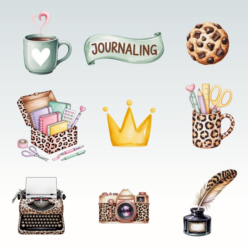 May include: Watercolor illustration of journaling and creative writing supplies. Includes a mug with a heart, a banner with the word "JOURNALING", a cookie, a box of notebooks, a gold crown, a leopard print pen holder, a typewriter, a camera, and an inkwell with a feather.