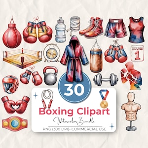 以下が含まれることがあります： 水彩画のボクシングクリップアートバンドル。グローブ、リング、サンドバッグ、バスローブなど、さまざまなボクシング用品が描かれています。「Boxing Clipart Watercolor Bundle」というテキストと数字の「30」が含まれています。