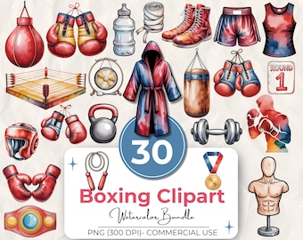 30 Boxing Clipart Watercolor Bundle, Boxing Gloves, Ring, Punching Bag, Robe, Shoes, Sports Fitness PNG, Commercial Use, 300 DPI