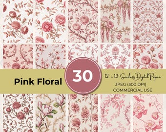 30 Pink Toile De Jouy Seamless Patterns, Floral Watercolor Digital Paper, French Vintage Chinoiserie Backgrounds for Scrapbooking & Fabric