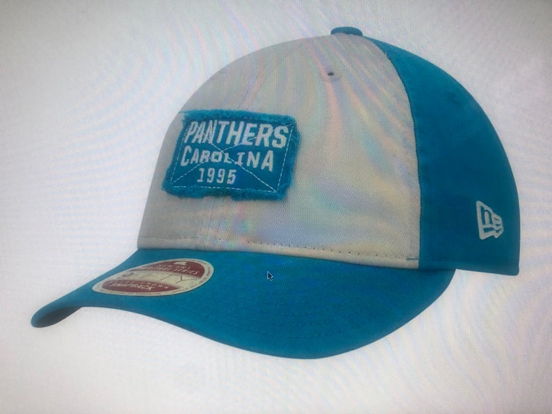 May include: A blue and white baseball cap with a patch that says "Panthers Carolina 1995".