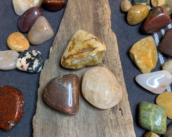 May include: A collection of polished stones in various colors and patterns, including brown, red, white, green, and yellow. The stones are arranged on a piece of driftwood.