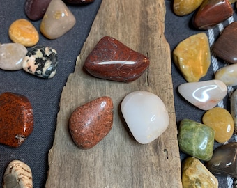 May include: A collection of polished stones in various colors, including red, brown, yellow, and white, are arranged on a piece of weathered wood. The stones vary in size and shape, with smooth, rounded surfaces. The background is a dark gray fabric.