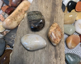 May include: Three smooth, polished stones of different colors and patterns. The stones are arranged on a piece of weathered driftwood. The stones are a dark gray with white streaks, a light gray with a smooth surface, and a light brown with white and brown streaks.