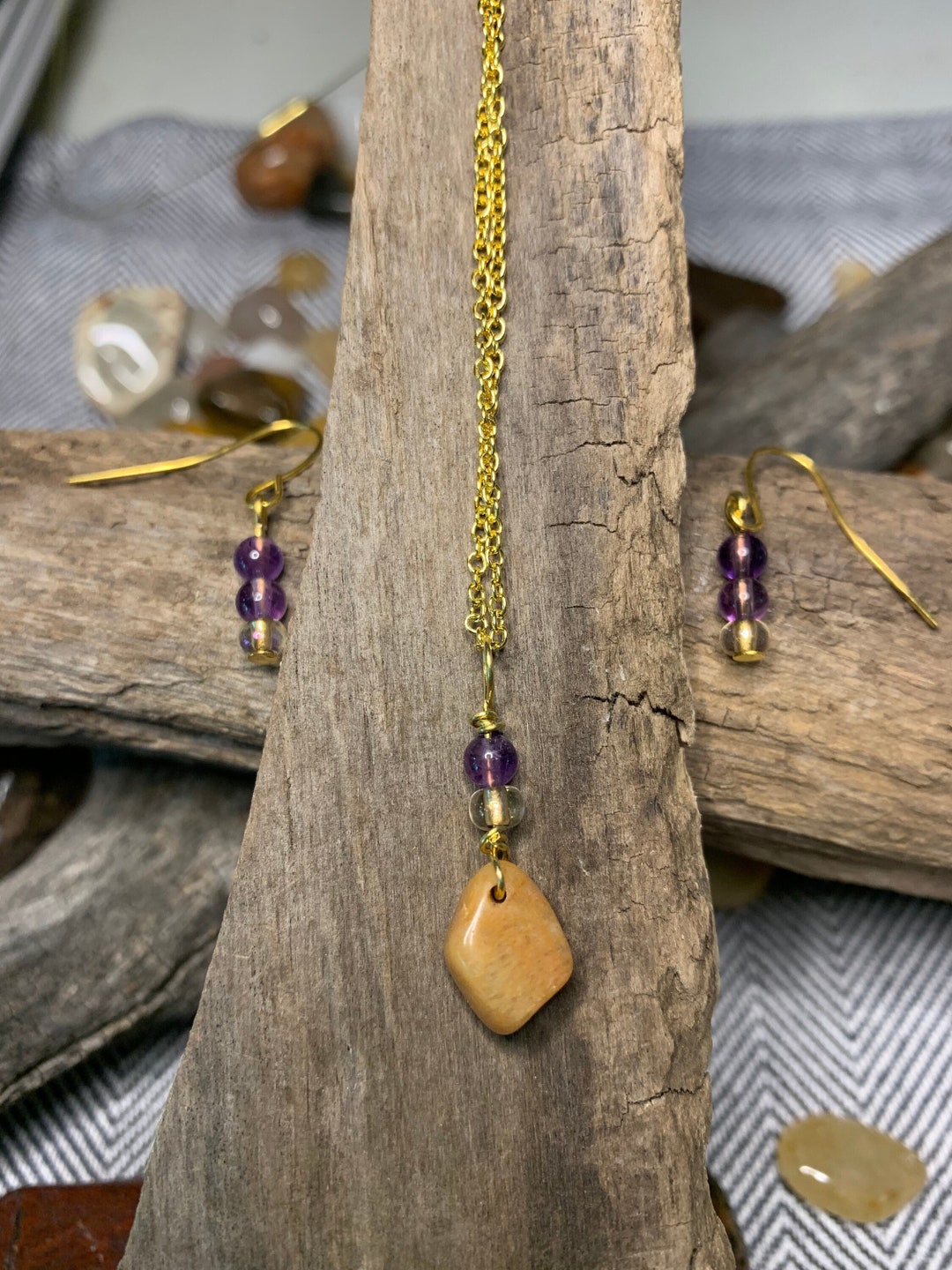 Handmade Natural Rock Jewelry Set: Amethyst & Gold Necklace Earrings - Etsy
