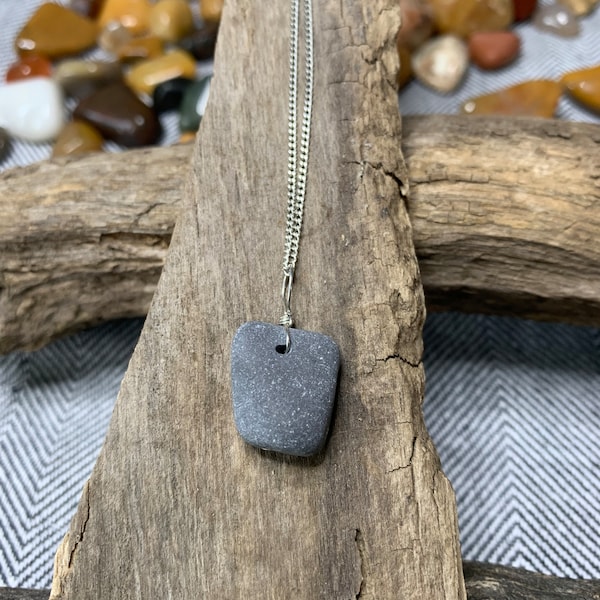 Minimalist necklace with natural blue-gray river  rock pendant on 18-inch silver-colored chain. Gift for her - rock jewelry - river rock.