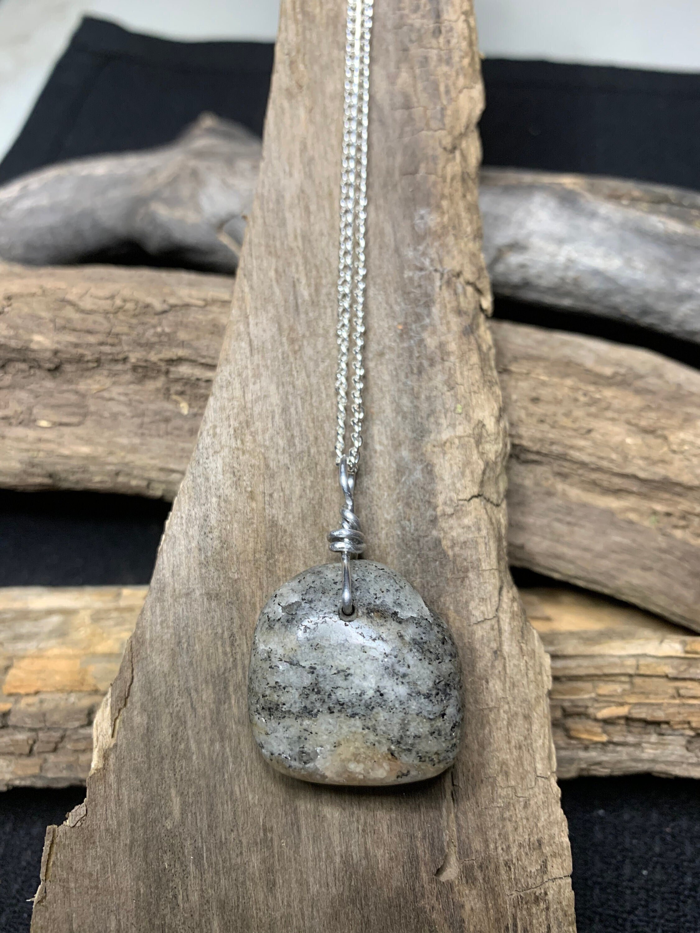 White and Grey Granite Rock Necklace, on an 18-inch Silver-colored