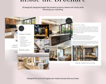 May include: A real estate brochure template featuring multiple pages with property photos, including a kitchen, living room, and bedroom. The text includes 'Inside the Brochure', 'Property Features', '123 Main Street', and 'Lena Cole'.
