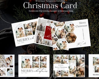 May include: A collection of Christmas card templates with family photos. The cards feature the text "Christmas Card" and "Merry Christmas" in elegant fonts. The cards have a white background with family photos and are from Urban Gem Boutique.