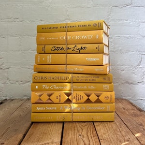 May include: A stack of yellow hardcover books tied together with twine. The book titles are visible, including "Everything There Is", "Our Crowd", and "Catch the Light". The books are arranged on a wooden surface.