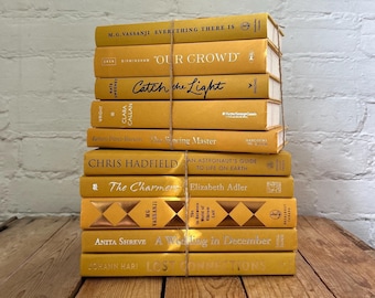Mustard book stack, mustard yellow staging styling books for home decor, shelf decor books, luxury vintage coffee table books for decorating