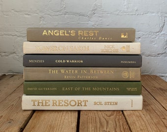 Green grey taupe ivory book decor, stacked books, prop staging books, taupe books by colour, gray taupe cream green vintage decorative books